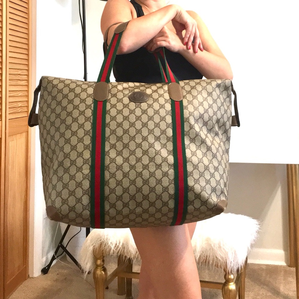 Authentic Gucci XL Tote/ travel bag brown monogram coated canvas with leather - Picture 1 of 15